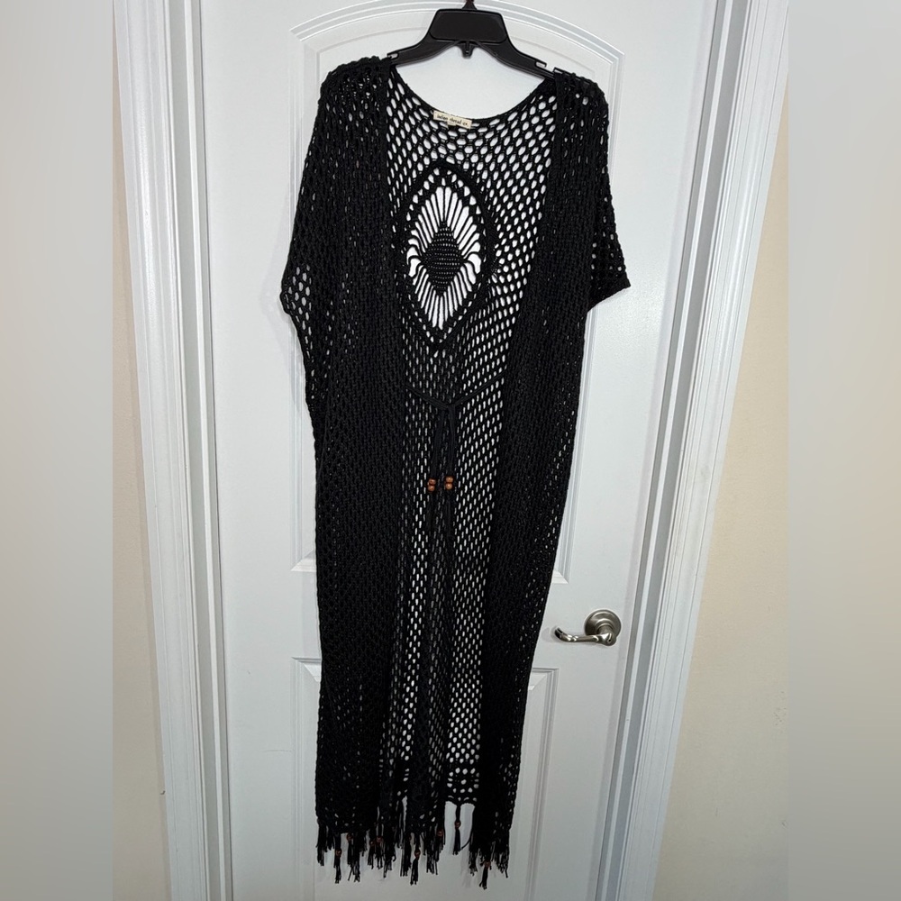 Boho Black Crochet Mesh Kimono Cover-Up Tassel Hem Plus Size 2X‎ - Picture 2 of 14
